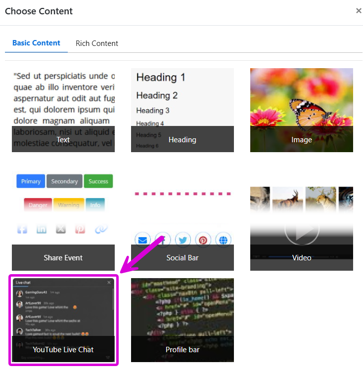 YouTube Live Chat button on Choose Content popup