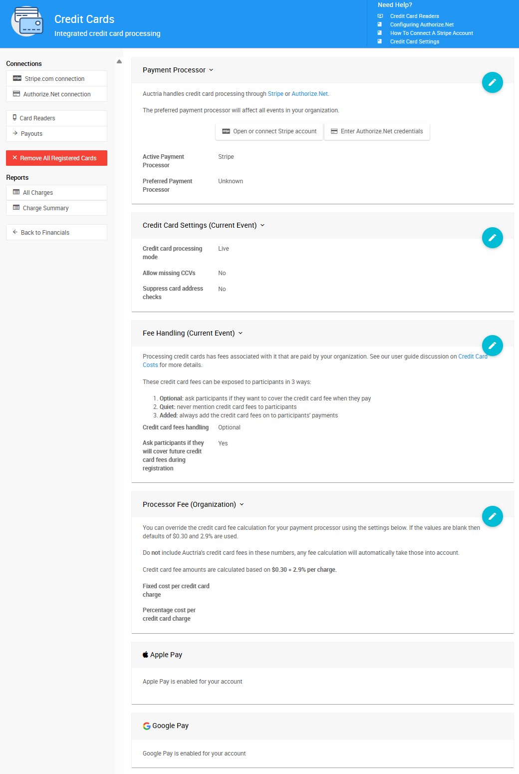 The Credit Cards page in Auctria