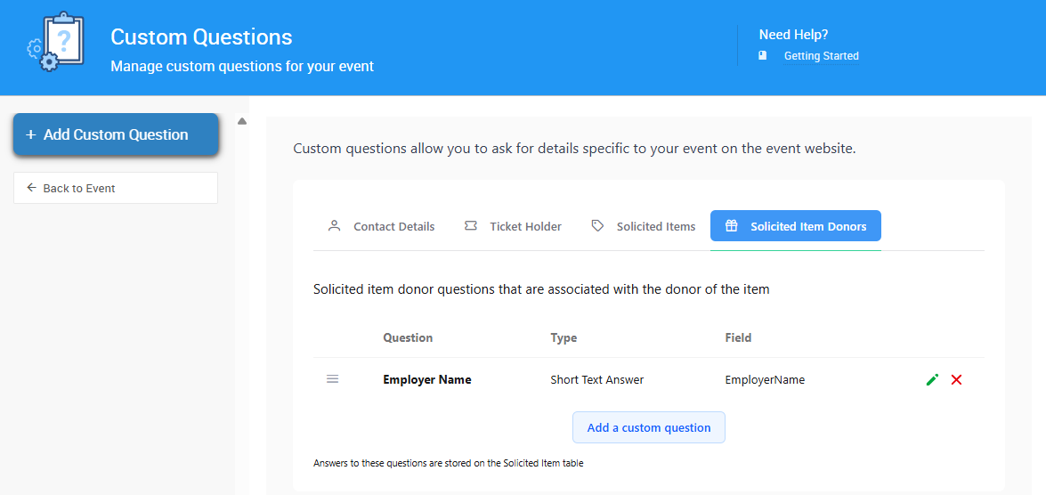 Custom Questions Page in Auctria