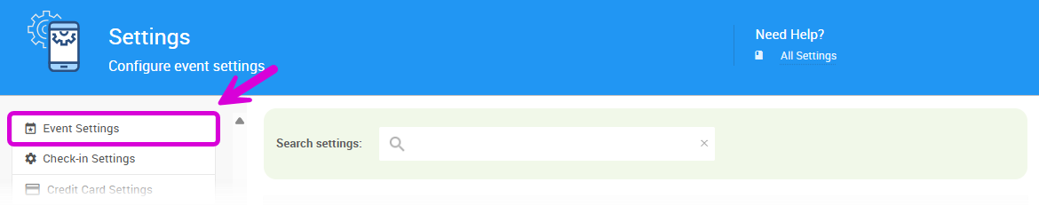Event Settings button on Settings page