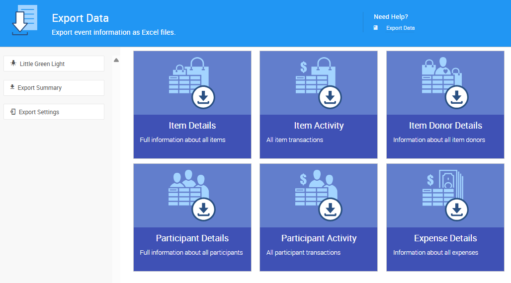 Export Data page in Auctria