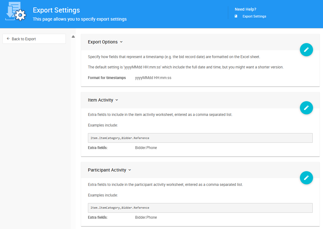 Export Settings page in Auctria