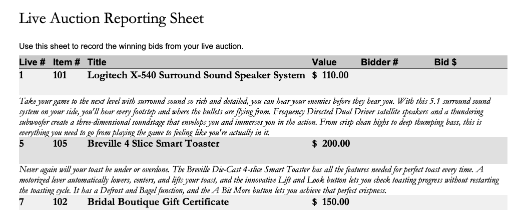 Live Auction reporting sheet