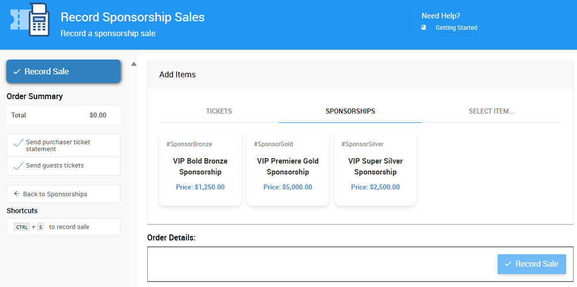 Record Sponsorship Sales page in Auctria
