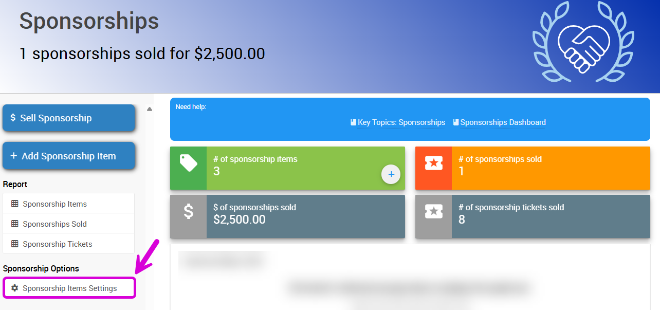 Sponsorship Item Settings Button on Sponsorships Page